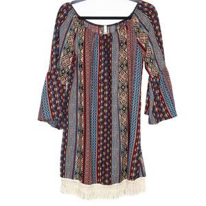 Compass Womens Long Sleeve‎ Blouse Size Large Tribal Print Bell Sleeves